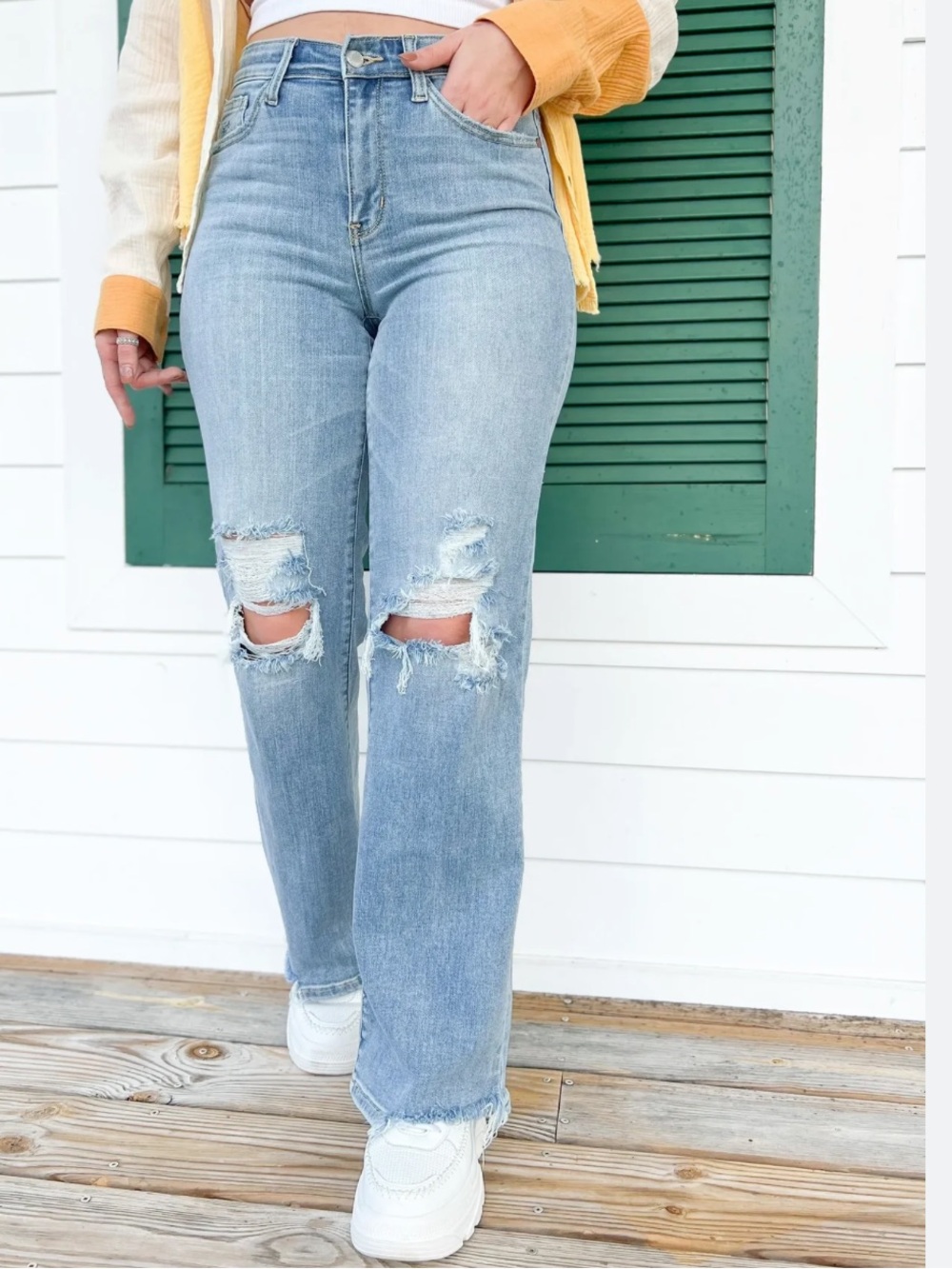 Judy Blue Light Wash High-Rise Straight Jeans with Distressed Knees